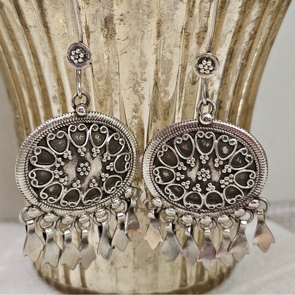 Sterling 925 Silver Boho Vintage Filigree Cha Cha Earrings - Picture 2 of 9